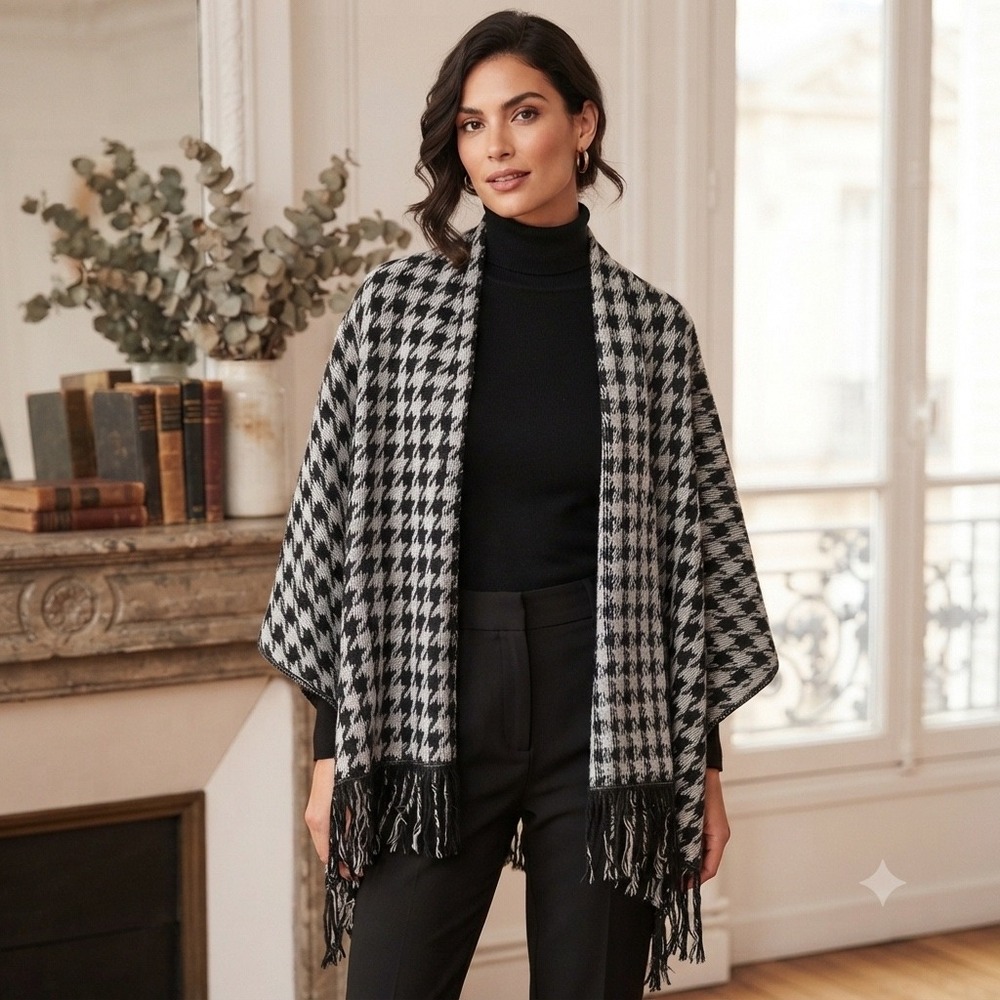 Houndstooth Fringe Poncho Wrap Open Front Shawl Black Grey Woven Cape Womens